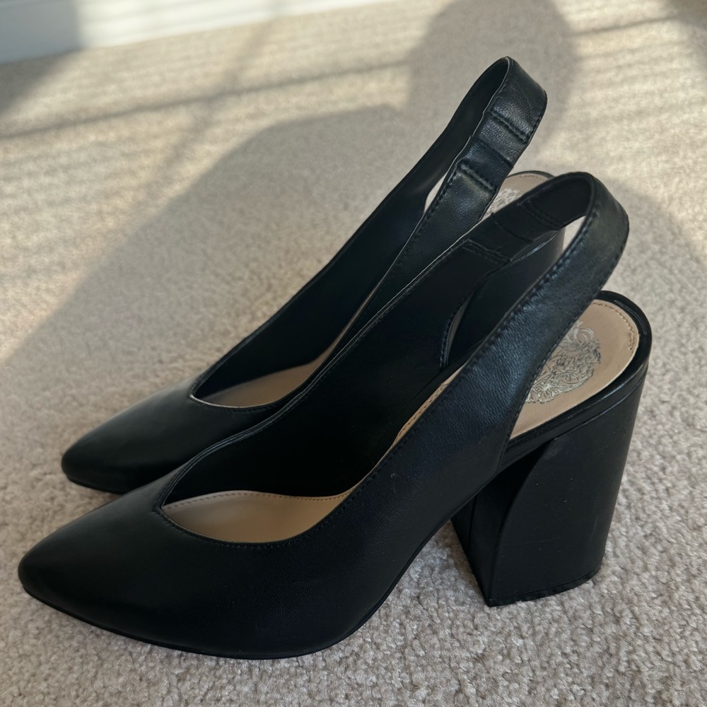 Vince Camuto Black Leather Slingback Block Heel Pumps